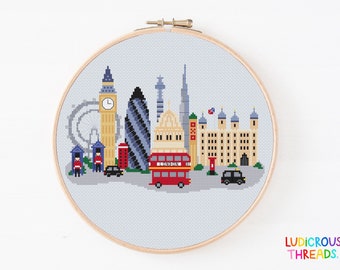 London City Cross Stitch Pattern, London Town, British Cross Stitch, England Big Ben Cross Stitch, St Pauls Cathedral, Black Taxi, Red Bus