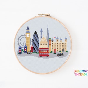 London City Cross Stitch Pattern, London Town, British Cross Stitch, England Big Ben Cross Stitch, St Pauls Cathedral, Black Taxi, Red Bus