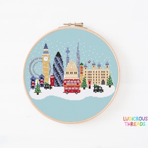 London City Cross Stitch Pattern, London at Christmas, British Cross Stitch, Big Ben Cross Stitch, St Pauls Cathedral, Black Taxi London Bus