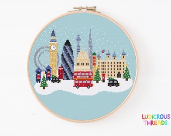 London City Cross Stitch Pattern, London at Christmas, British Cross Stitch, Big Ben Cross Stitch, St Pauls Cathedral, Black Taxi London Bus