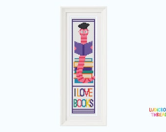 Bookworm Bookmark Cross Stitch Pattern, Bookmark Cross Stitch Chart, Modern Book Lover Gift, SmartyPants, Reading Book, Instant PDF Download