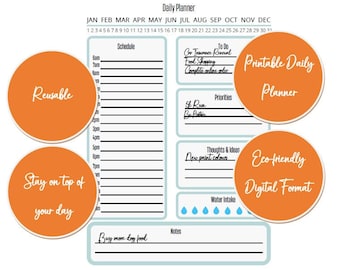 Puede incluir: Un planificador diario imprimible con un esquema de color naranja y blanco. El planificador incluye un horario, una lista de tareas, prioridades, pensamientos e ideas, y un rastreador de ingesta de agua. El texto "Reutilizable", "Mantente al tanto de tu día", "Planificador diario imprimible", "Formato digital ecológico" se muestra en círculos naranjas.