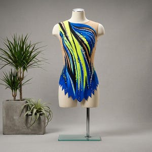 Rhythmic Gymnastics Leotard LUXOR Sleeveless Skirt Royal Blue Neon Yellow, Acro Aerobic Figure Skating Dance Competition Leotard image 1