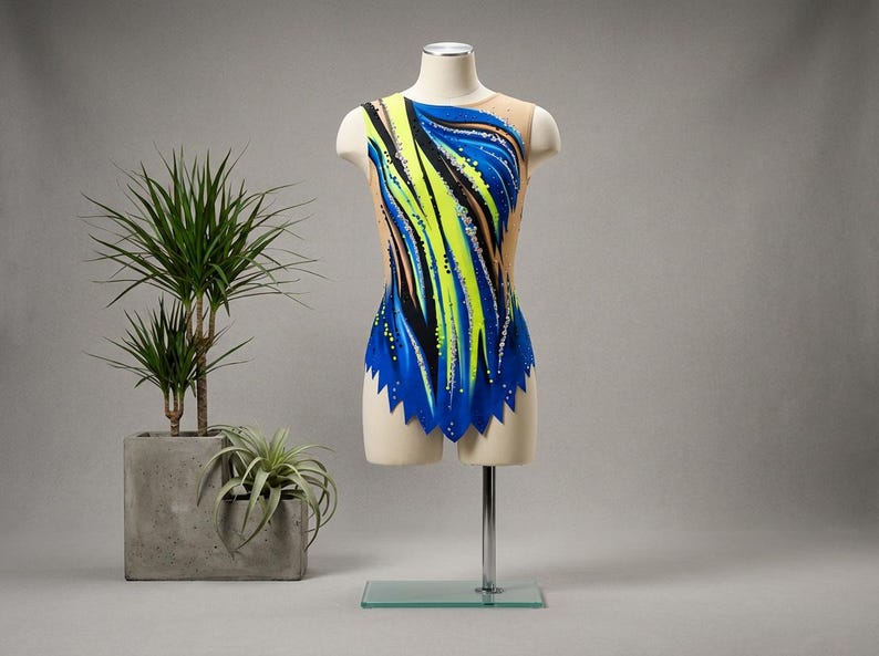 Rhythmic Gymnastics Leotard LUXOR Sleeveless Skirt Royal Blue Neon Yellow, Acro Aerobic Figure Skating Dance Competition Leotard image 1