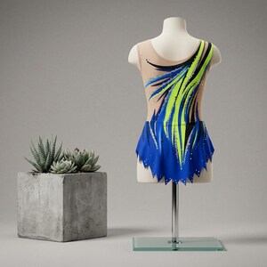 Rhythmic Gymnastics Leotard LUXOR Sleeveless Skirt Royal Blue Neon Yellow, Acro Aerobic Figure Skating Dance Competition Leotard image 2