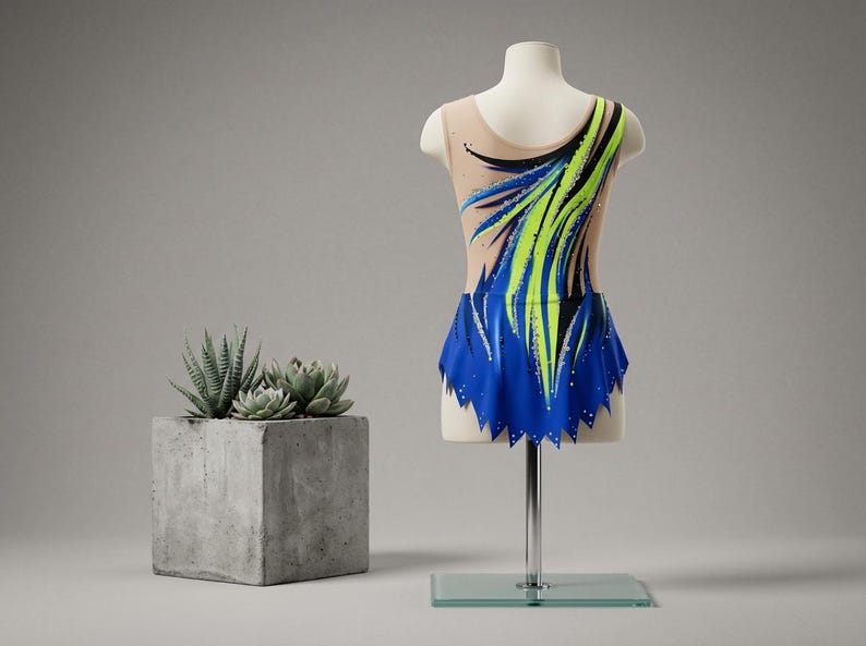 Rhythmic Gymnastics Leotard LUXOR Sleeveless Skirt Royal Blue Neon Yellow, Acro Aerobic Figure Skating Dance Competition Leotard image 2