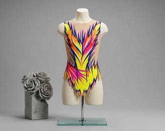 Rhythmic Gymnastics Leotard Hawai - Neon Yellow Pink Orange, Girl and Women, Sleeveless