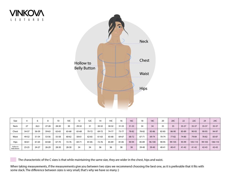 May include: Size chart for leotards with measurements in inches for neck, chest, waist, hips, and hollow to belly button. The chart includes sizes 4 through 24C.