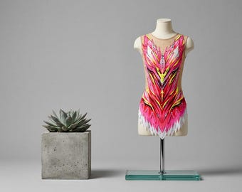 Fluorescent Pink, Yellow & White Leotard for Girls – Custom 'ROZ' Design, Perfect for Rhythmic Gymnastics