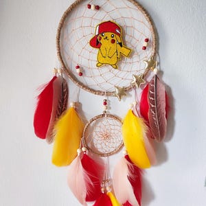 Kids dreamcatcher Yellow Red dream catcher bedroom wall hanging, Pokemon birthday gift for boys girls