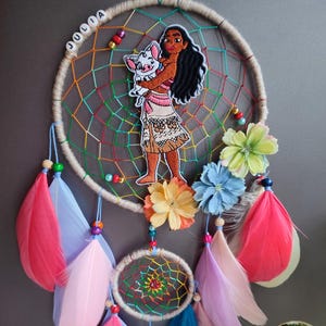Atrapasueños colorido de Moana, decoración para habitación de niñas, atrapasueños hecho a mano, regalo personalizado para niños