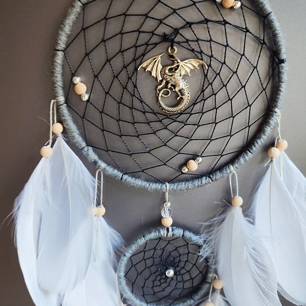 Custom feathers dragon dream catcher wall hanging, white dreamcatcher boho bedroom dragon gift