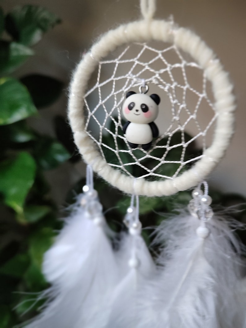Cute Panda Dream Catcher for Car, Car Charm White Rear View Mirror