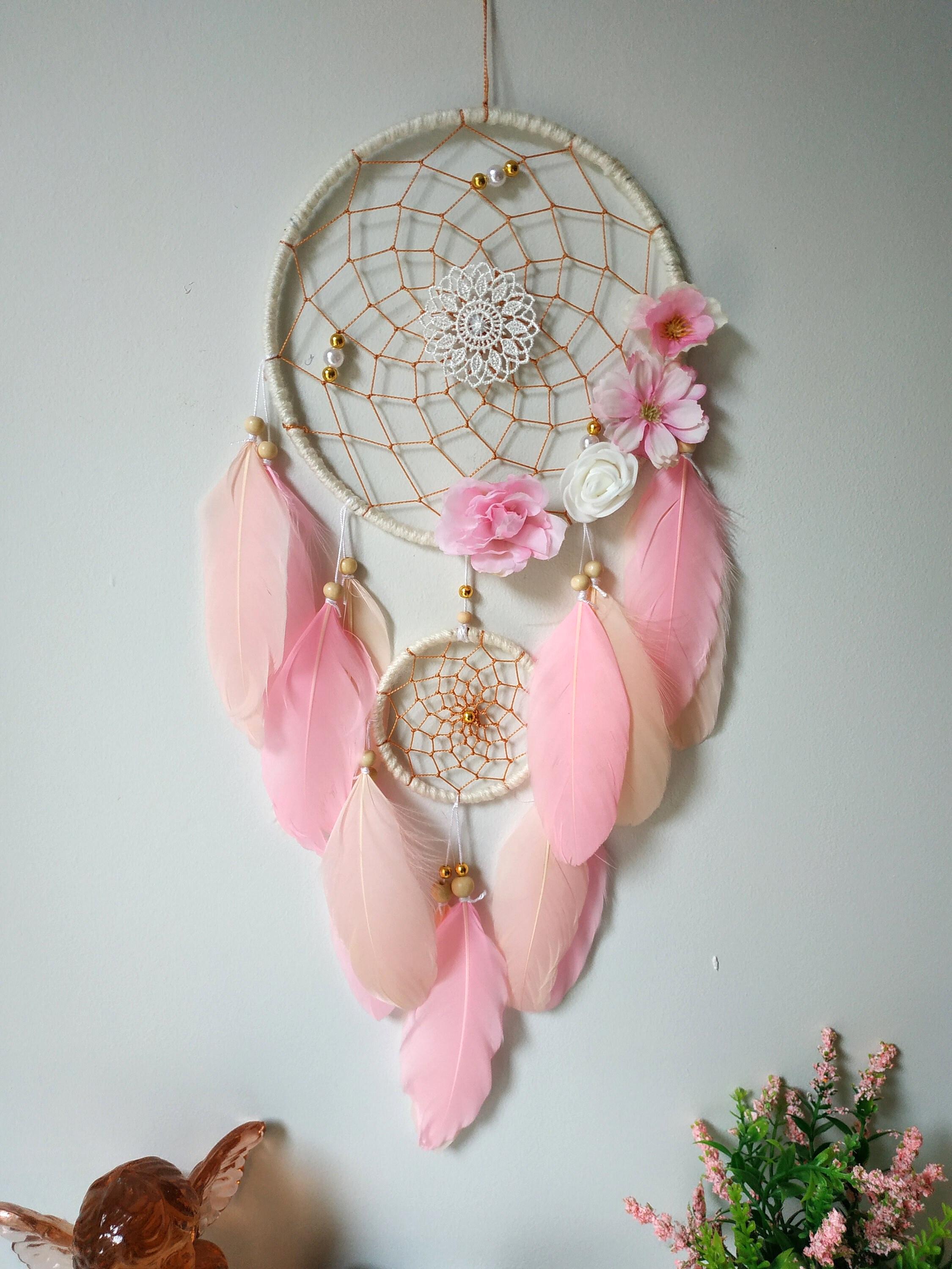 Flower Dream Catcher Pink Dreamcatcher, Boho Bedroom Wall Hanging