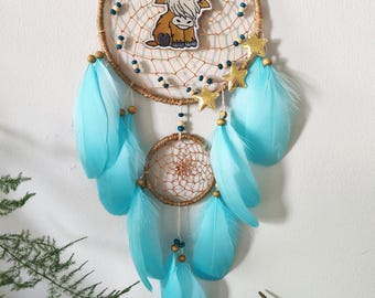 Personalized Highland Cow Dreamcatcher, Farm Nursery Decor, Blue Feather Wall Hanging