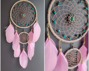 Tourquoise roze dreamcatcher boho dream catcher gepersonaliseerd cadeau, meisjes slaapkamer boho muur hangen, aangepaste veren