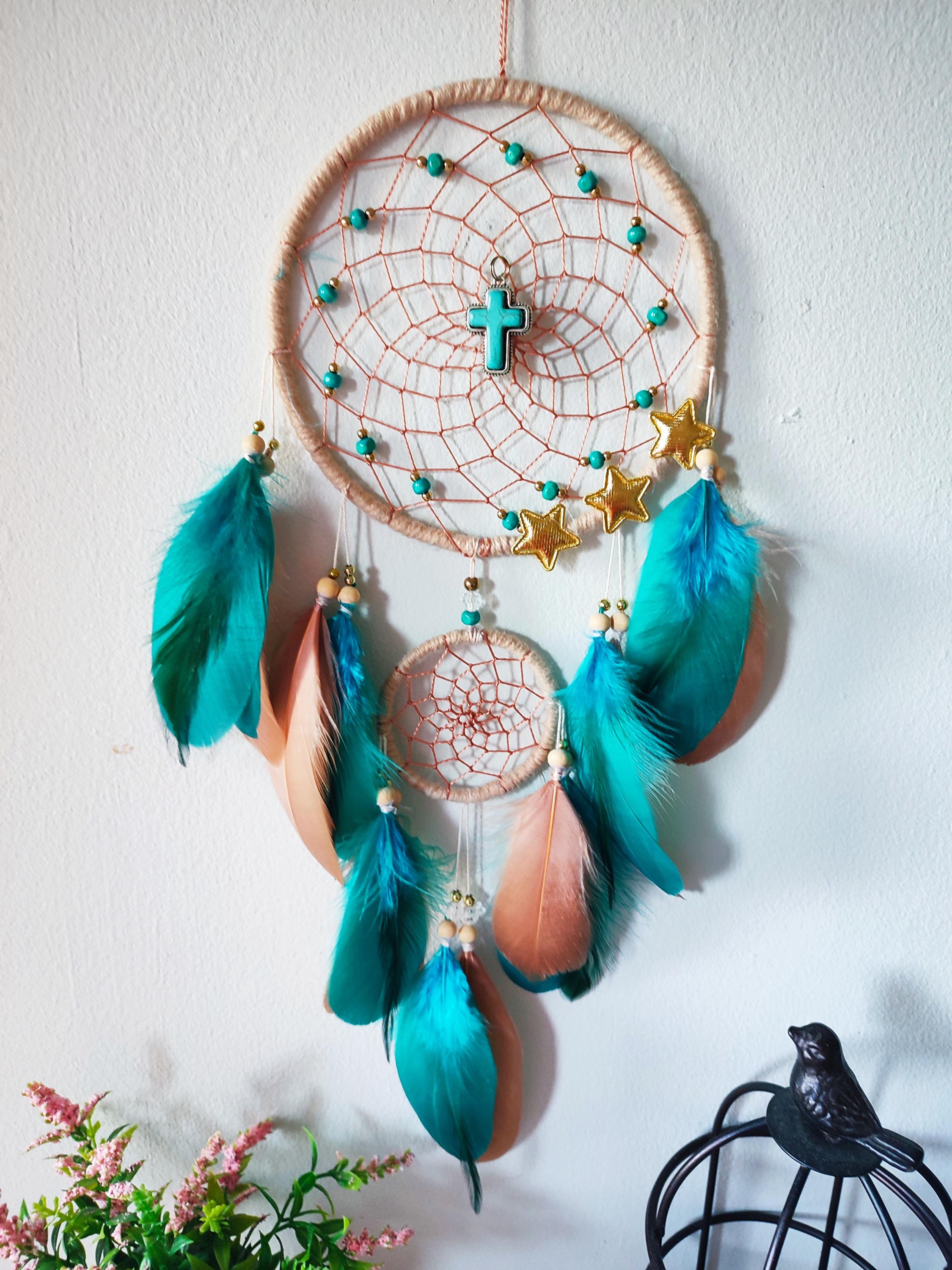 Turquoise Dreamcatcher, Cross Wall Decor, Baptism Gifts, Religious