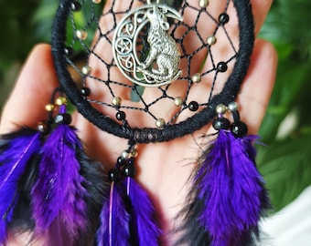 Handmade Purple Dream Catcher Car Charm, Wolf dreamcatcher Small, Rearview Mirror Hanging Gift
