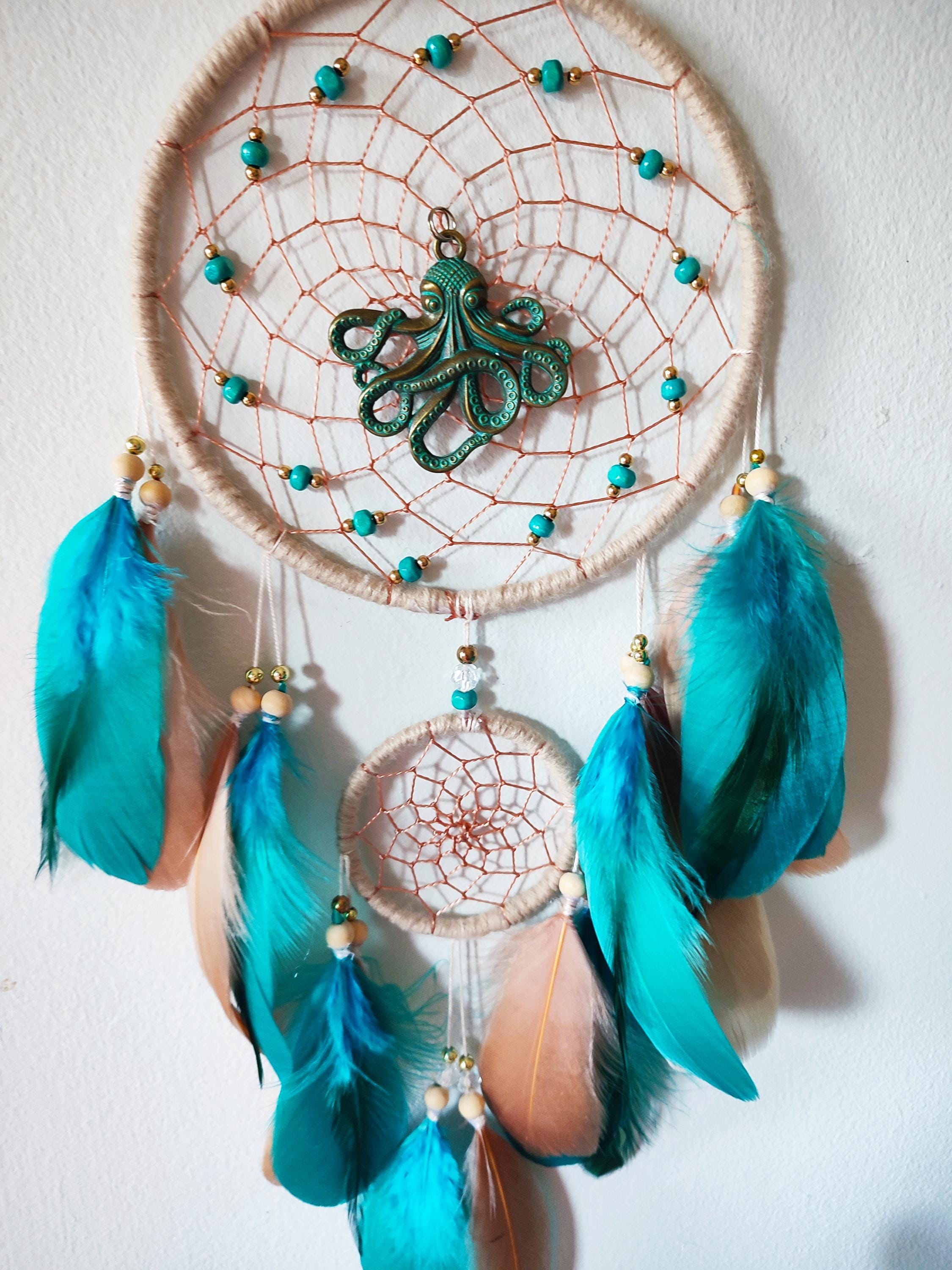 Kraken Octopus Dreamcatcher, Teal Feather Wall Decor, Personalized