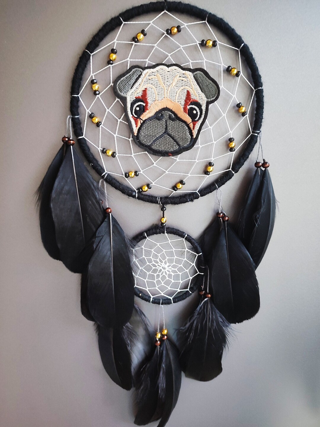 Pug Dog Dream Catcher Custom Feathers, Black Dreamcatcher Puppy Wall ...