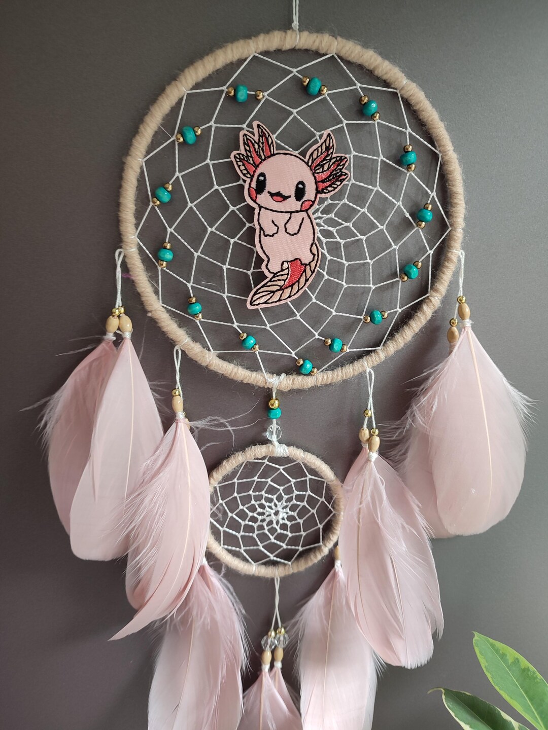 Cute Pink Axolotl Dreamcatcher Wall Hanging - Handmade Felt Axolotl With Feathers, Perfect For Girls Bedroom & Birthday Gifts