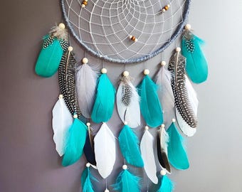 Teal Green Dreamcatcher, Boho Feather Wall Hanging, Bedroom Decor