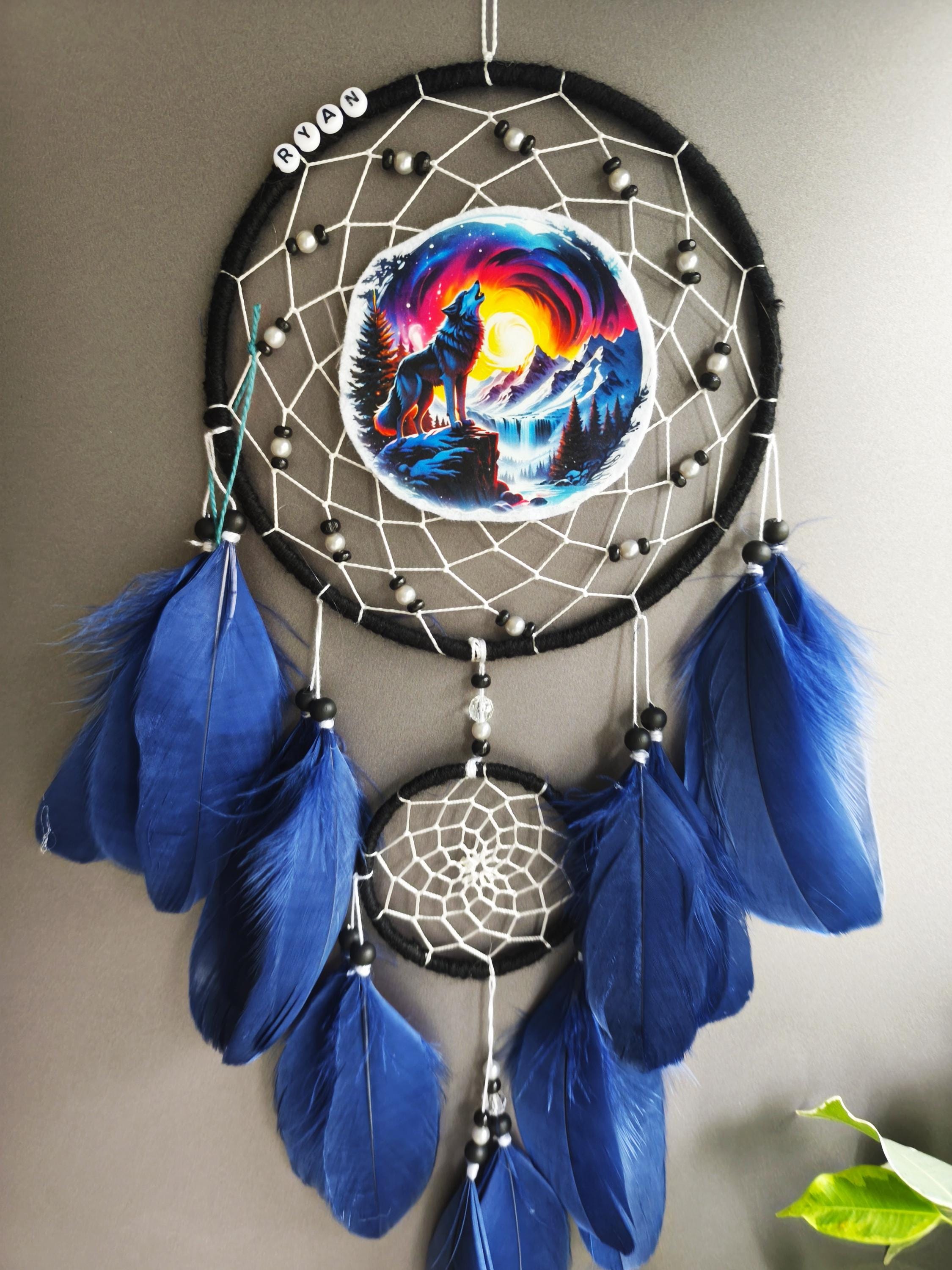 Wolf Dreamcatcher Blue, Native Dream Catcher, Custom Feathers - Etsy