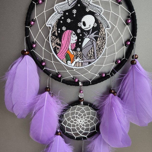 Jack and Sally dreamcatcher goth wall decor, gothic bedroom dream catcher, spoky gift for her him