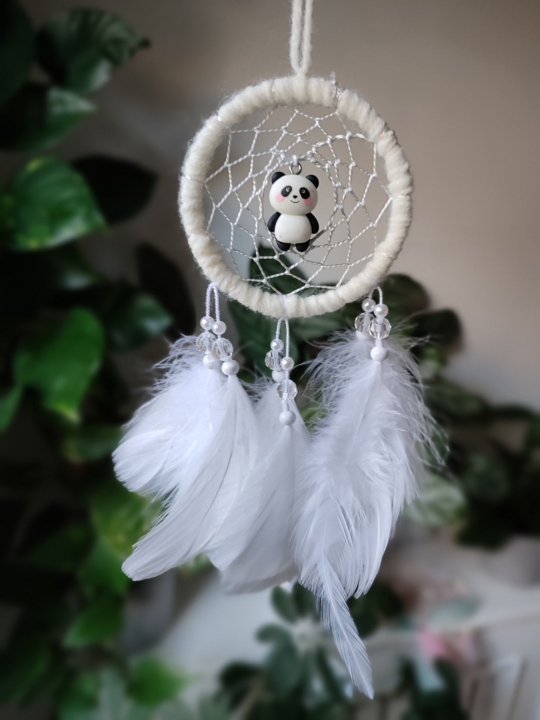 Cute Panda Dream Catcher for Car, Car Charm White Rear View Mirror