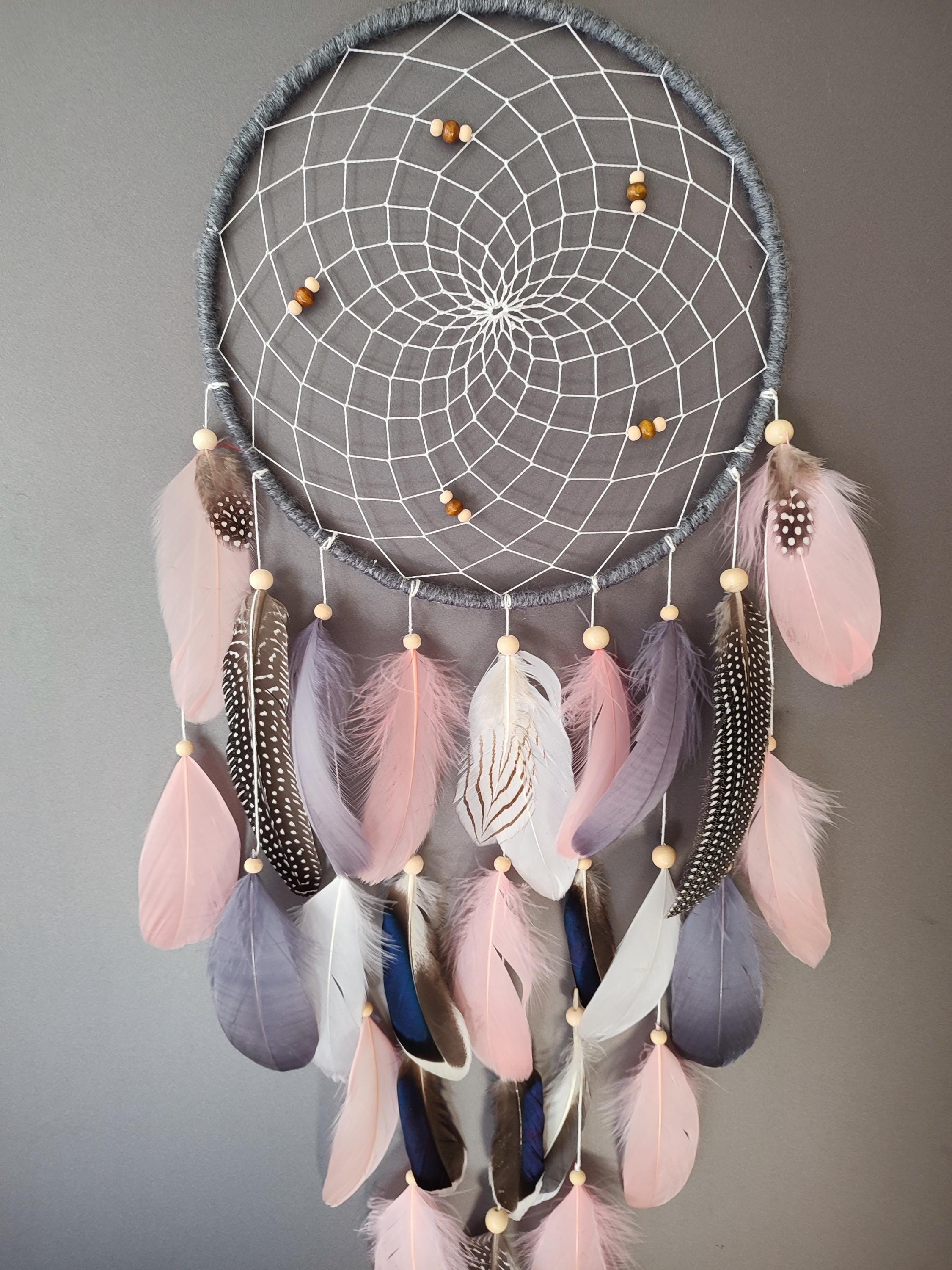Large Dream Catcher Pink and Gray, Dreamcatcher Boho Wall Hanging