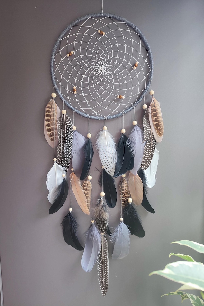 Large Gray Dream Catcher Native, Boho Dreamcatcher Feather Wall Hanging ...