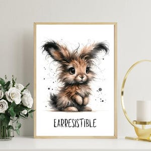 He's 'Earresistible' a Bunny Caricature Watercolour Printable Art Instant Download A4 and A3 PNG CMYK Cute Rabbit Print Young Hare Artwork