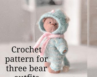 Crochet pattern for three outfits for a small teddy bear