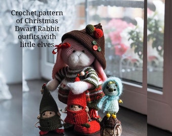 Crochet pattern of Christmas Dwarf Rabbit outfits with little elves