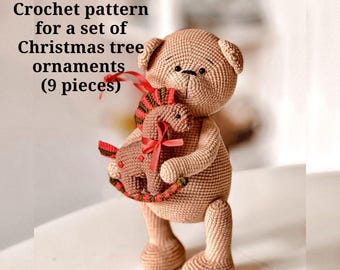 Crochet pattern for a set of Christmas tree decorations (9 pieces)