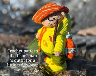 Crochet pattern of a fisherman's outfit for a little teddy bear.