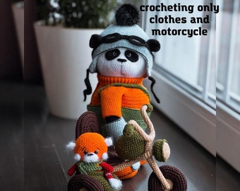 Pattern of crocheted clothes with a teddy bear and a motorcycle