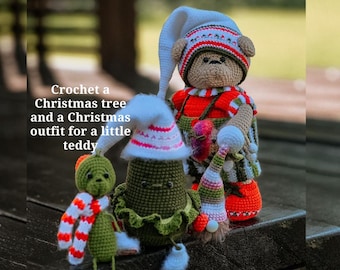 Crochet pattern Christmas tree and elf bear with gifts