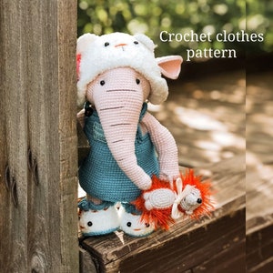 Schema di vestiti all'uncinetto per elefante e schema di riccio all'uncinetto. amigurumi