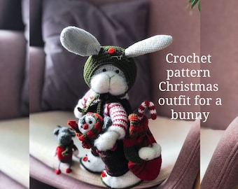 Crochet pattern Christmas outfit for a bunny.Christmas bunny elf.