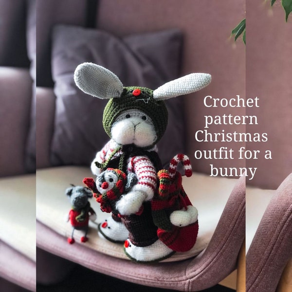 Crochet pattern Christmas outfit for a bunny.Christmas bunny elf.