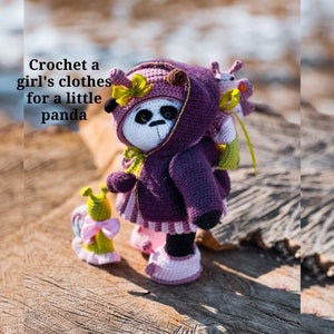 Roupas de menina em crochê para um pequeno panda, amigurumi