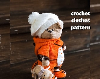 Crochet clothes for a bear - Teddy. Crochet pattern for a small kitten. Tiger costume for teddy bear.