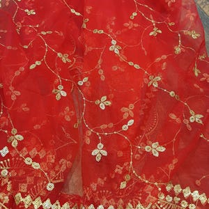 J&#39;KRITI Red Bridal Dupatta Gold Embroidery in Net, Lehenga Saree Anarkali Indian Wear, Wedding Veil, Sheer Scarf Bride Desi Festive Navratri