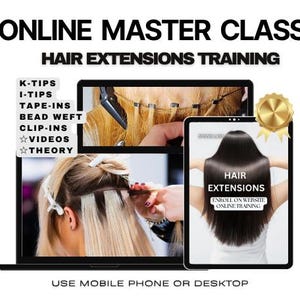 Può includere: Una masterclass online per la formazione sulle extension per capelli con testo che elenca K-tips, I-tips, tape-ins, bead weft, clip-ins, video e teoria. Lo schermo mostra immagini didattiche di tecniche di applicazione dei capelli su laptop e tablet.