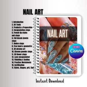 Puede incluir: Un cuaderno digital titulado "NAIL ART" con encuadernación en espiral. La portada presenta un primer plano de una mano con uñas largas turquesas adornadas con pedrería. El texto "EDITABLE Canva" está en la portada. Las palabras "Instant Download" están en la parte inferior.
