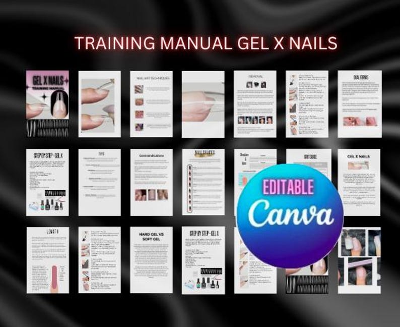 May include: Training manual for gel x nails with a Canva logo and the text "Editable Canva" in a purple and pink circle. The manual includes sections on nail art techniques, tips, contraindications, nail shapes, dual forms, gel x nails, length, hard gel vs soft gel, and step by step gel x.