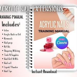 Pode incluir: Um manual de treinamento rosa e branco para extensões de unhas acrílicas. O manual inclui seções sobre introdução, unhas acrílicas vs gel, remoções, preparação de unhas, recargas, modelagem e lixamento, ferramentas e suprimentos, grão e brocas para unhas, arte de unhas, líquido/pó e pontas de unhas. O manual é editável no Canva e está disponível para download instantâneo.