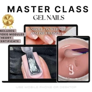 May include: A computer screen displaying a website for an online gel nail masterclass. The website includes video modules, theory, and a certificate. The screen also shows a close-up of a hand with a nail being painted with gel polish. The image also shows a jar of gel polish with a brush dipping into it.