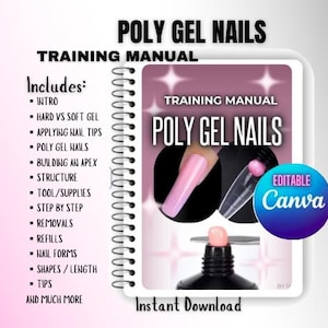 Könnte beinhalten: Ein rosa-weißes Trainingshandbuch für Polygel-Nägel. Das Cover zeigt einen rosa Nagel mit weißer Spitze und eine Flasche Polygel. Das Handbuch enthält Anweisungen zum Anbringen von Nagelspitzen, zum Aufbau eines Apex und mehr. Der Text auf dem Cover lautet "Trainingshandbuch Polygel-Nägel".